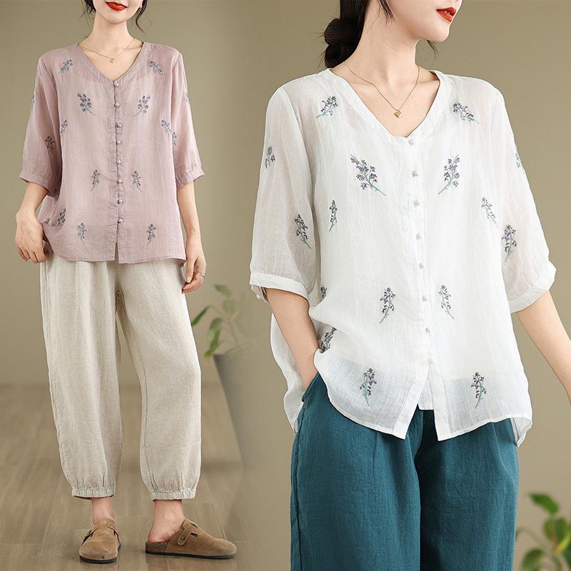 Women's V-Neck Cotton & Linen Embroidered Shirt with 5-Point Sleeves - New Chinese Style, Loose Fit, Versatile for Summer.