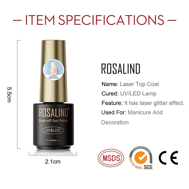 ROSALIND Laser Top Coat Gel Nail Polish Bright Semi Permanent Soak Off UV Multicolor Nail Polish Gel Varnish Hybrid For Nail Art Design LED/UV Lamp