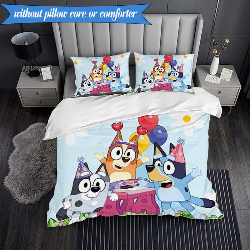 3PCS Bluey Friends Adventure Bedding Set 2D Printing (Includes 1 Duvet Cover + 2 Pillowcases Coreless), Bedroom decor,Fan Gift