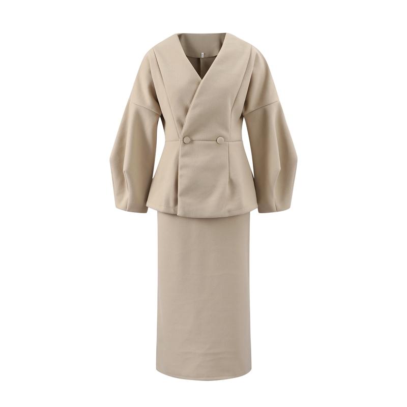 

Однотонное облегающее пальто с рукавами-фонариками, длинная юбка, комплект из 2 предметов для женщин с V-образным вырезом, однотонный топ на пуговицах, прямые юбки, элегантный женский наряд M верблюд