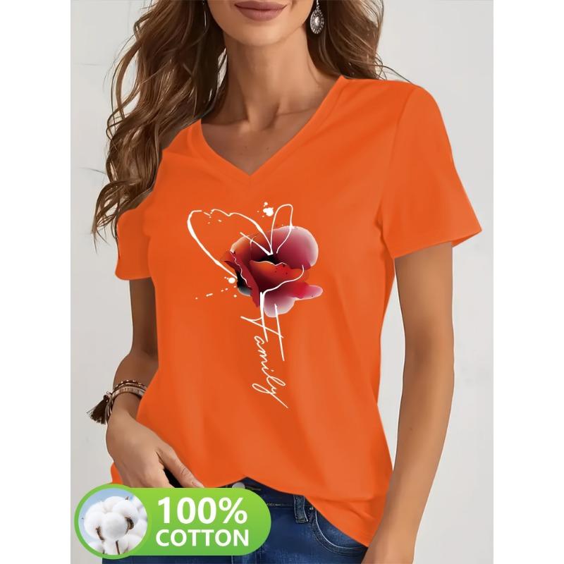 

Spring and summer 100% pure cotton women s V-neck short sleeved shirt with butterfly letter lines embellished with red blended petal pattern print XL
