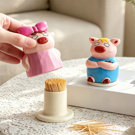 Toothpick Box with Dust-Proof Piggy Cover Large Capacity Hygienic Storage Container Moisture-Proof Cute Piglet Design Toothpick Holder