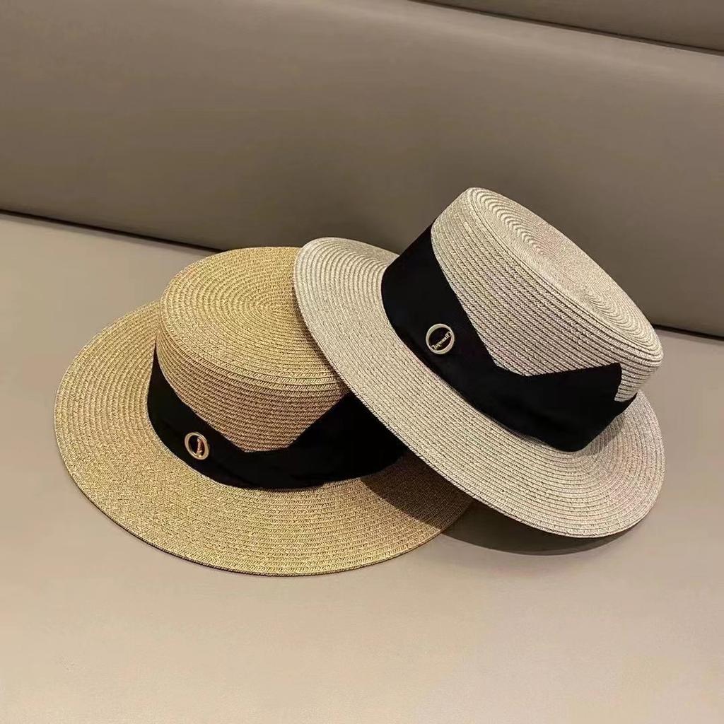 Simple temperament bow flat top hat women's elegant sun hat travel versatile British top hat straw hat