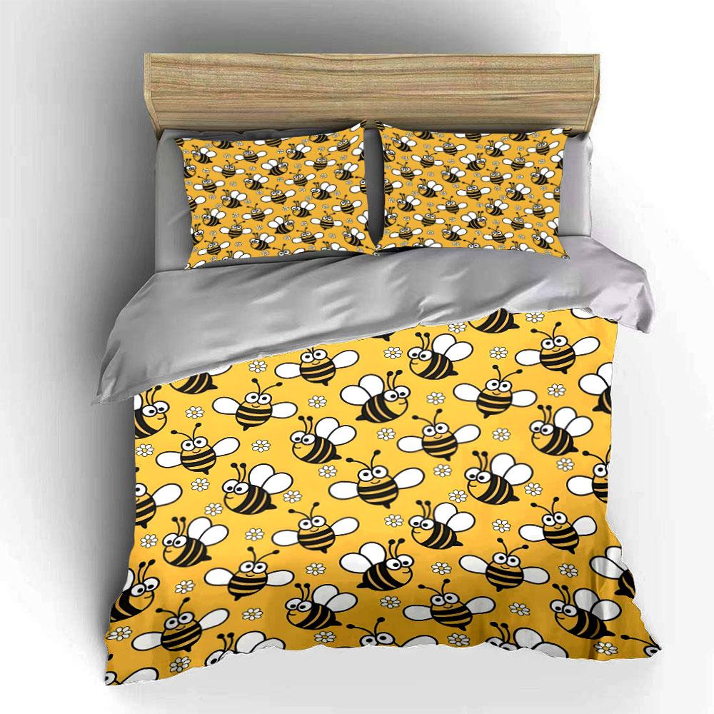 Cute Cartoon Bees with Flowers Bedding Duvet Cover Set (1*Duvet Cover 2*Pillowcases, without duvet insert)