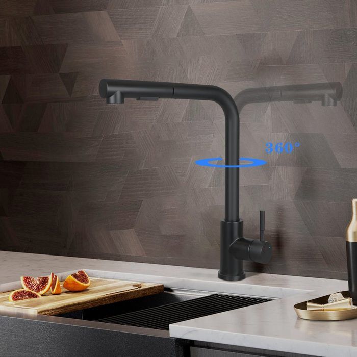 Robinet de cuisine - NETTLIFE - Modèle extensible - Noir - Bec rétractable - Douchette extractible