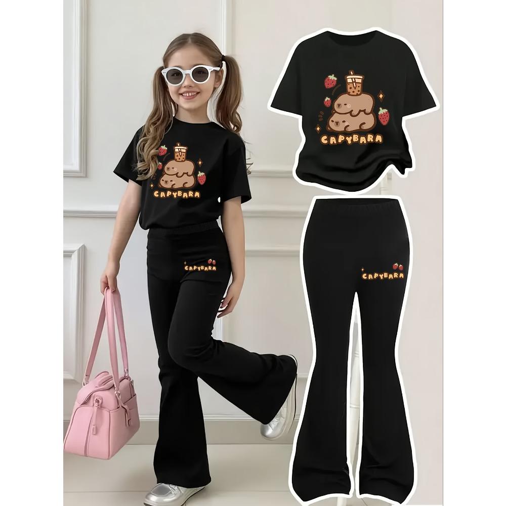 Cute Capybara Children's Short Sleeved Set, Pink Capybara Pattern Round Neck T-shirt with Flared Pants