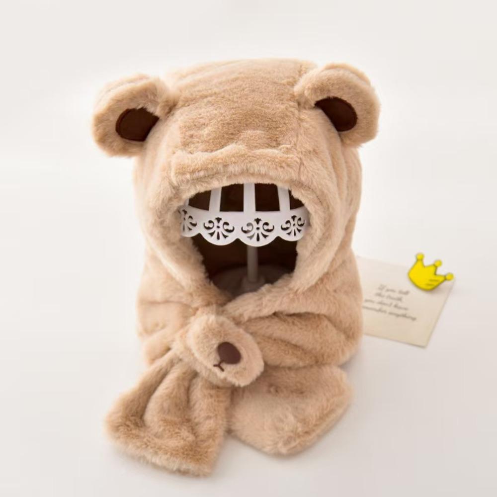 Fashion Design Children Fleece Hat Solid Color Plush Hat with Scarf Outdoor Bear Plush Hat  Boy