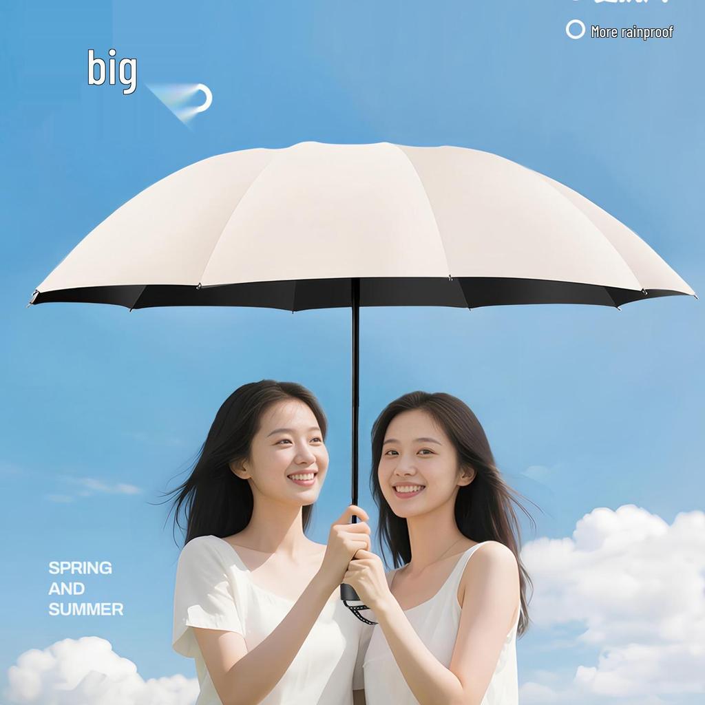 Large Dual-Use Umbrella for Sun and Rain, Manual Folding, Reinforced for Two, Black Glue Sunscreen, Suitable for Men and Women