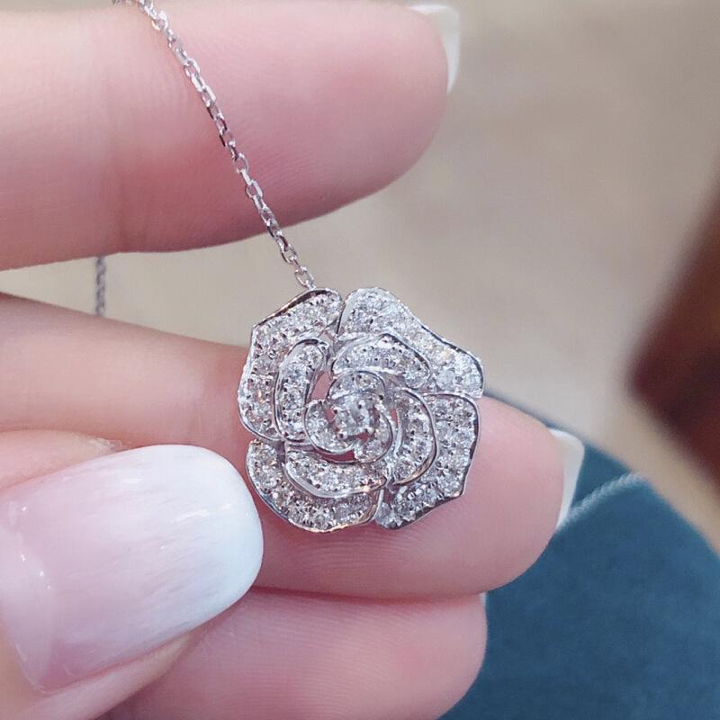 Full Paved Multi Layer Rose Flower Pendant Slim Link Chain Romantic Women Neck Jewelry