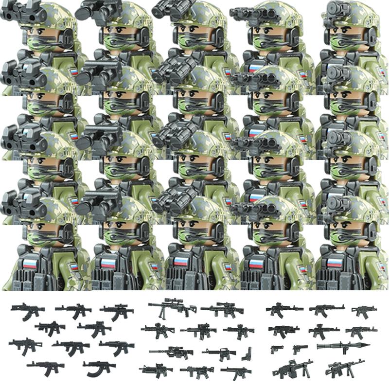 20PCS Military Army Figures Building Blocks SWAT Ghost Commando US Russia Special Forces Soldier Weapons Shield Belt Bricks Toys