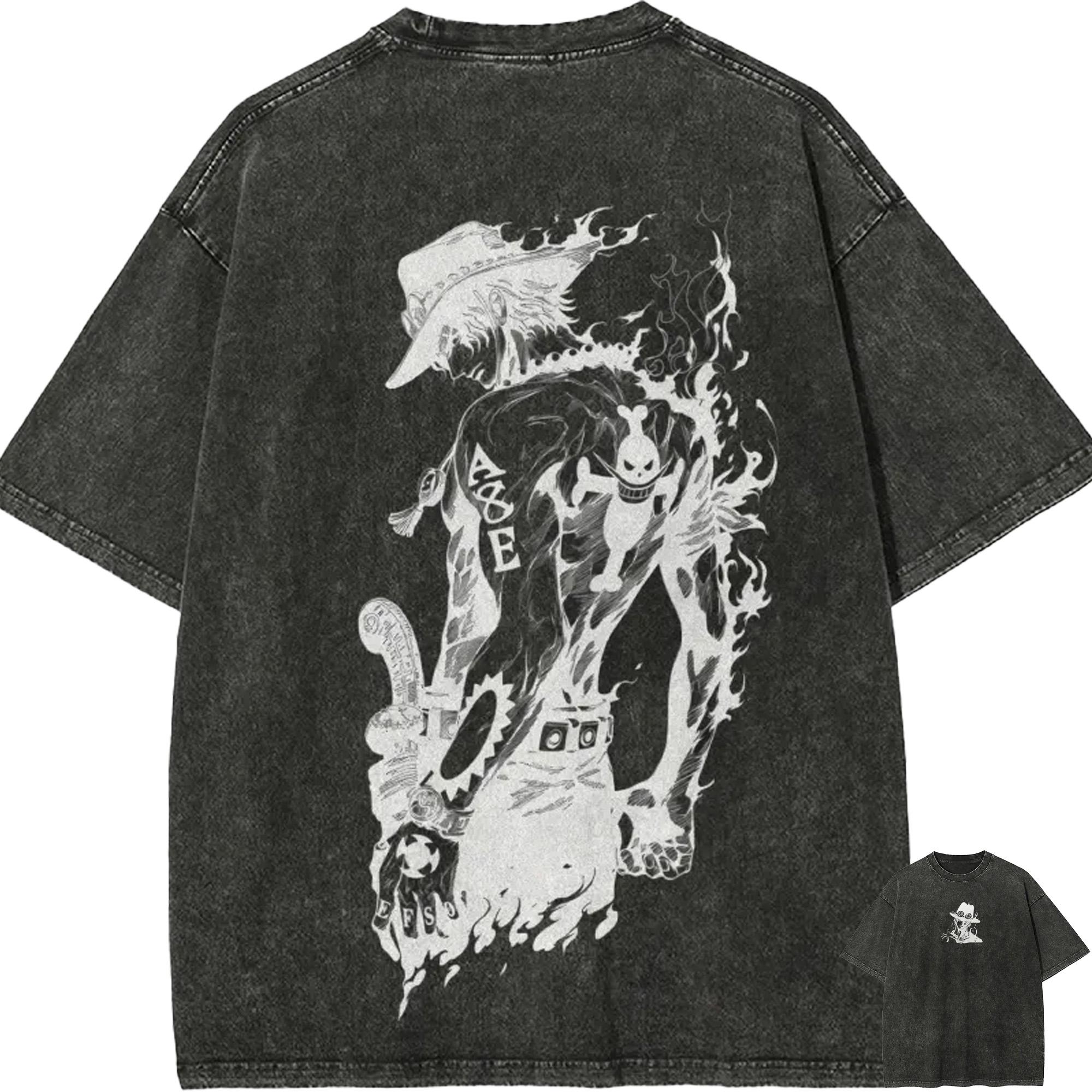 Ace T Shirt Men One Piece Acid Wash Anime Fire Fist Back Graphic Cotton Vintage Streetwear ASCE Tattoo Whitebeard Logo Tee M