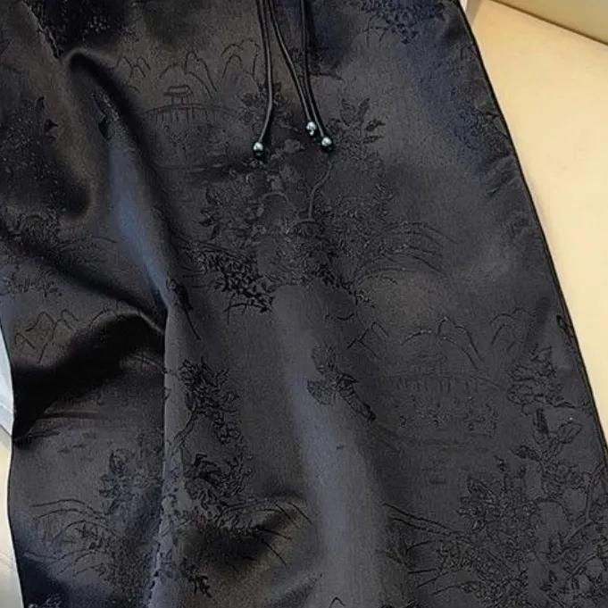Vintage Chinese Floral Embroidery Satin Pencil Skirt Women Elegant High Waist A Line Midi Autumn
