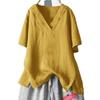 Women's Summer Plus Size T-shirts Loose Cotton Linen Short Sleeve V-Neck White Tops