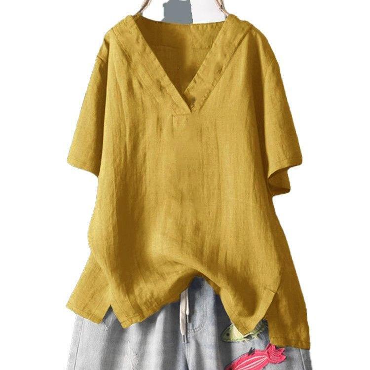 Women's Summer Plus Size T-shirts Loose Cotton Linen Short Sleeve V-Neck White Tops