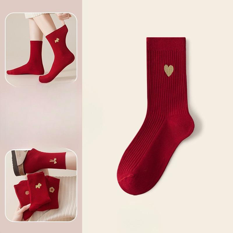 Embroidered Red Socks for Autumn and Winter, Bright Red New Year Warm Mid-calf Women's Socks, Winter Wedding Socks