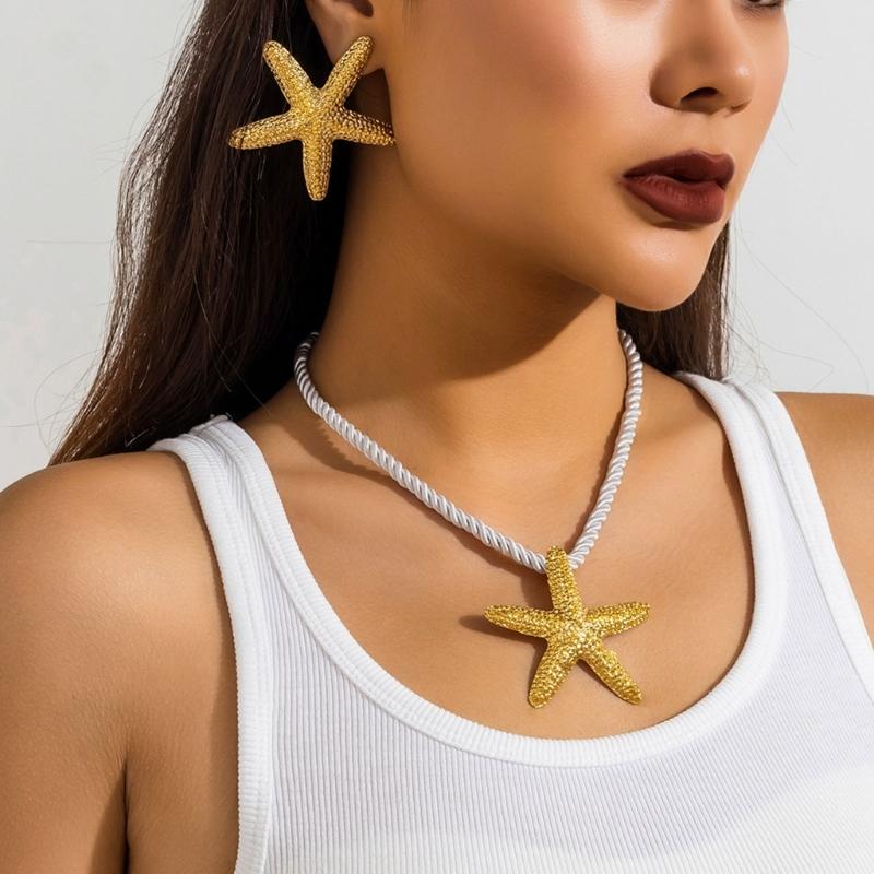 Fashion Starfish Pendant Necklace Earrings Beach Clavicle Chain Simple Choker Earrings Jewelry Braided Rope Neck Chain