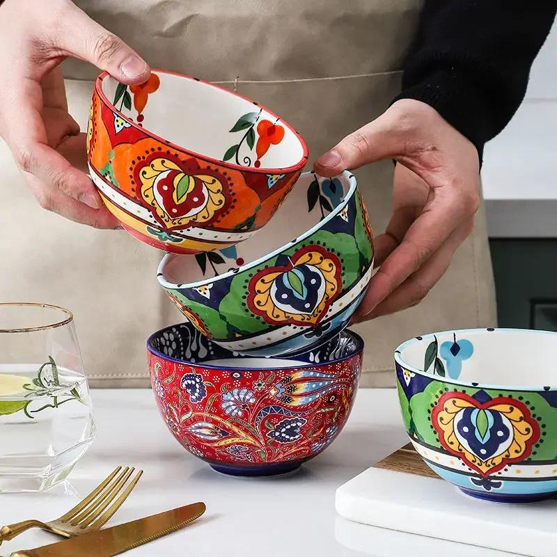 Kreative Schüssel Keramik Bohemian Handbemalte Reisschüssel Instant-Nudelschüssel Haushaltsobstsalatschüssel Küchengeschirr