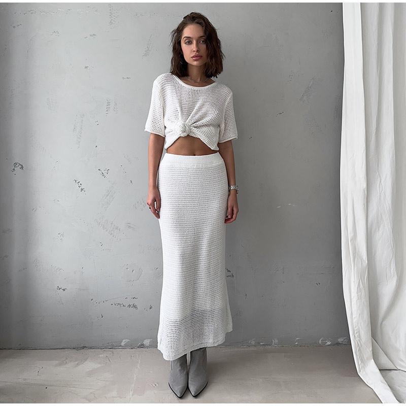 Women's Casual Suit Short Sleeved Hollowed Out Top Knitted Half Skirt Set Solid Color Versatile Summer Refreshing Wearing Temperament Elegant Dress