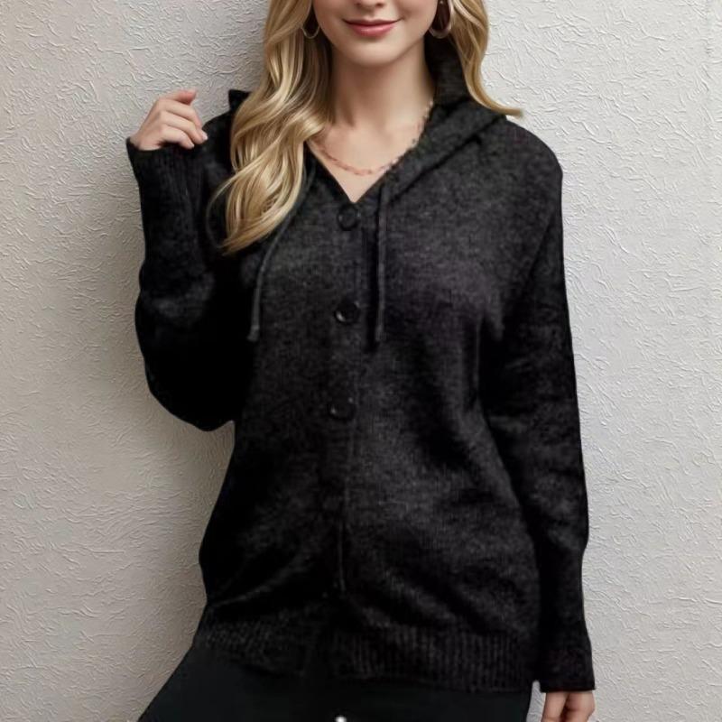 Nowy kardigan z kapturem zapinany na jeden guzik Jesień i Zima Dekolt w serek Jednolity kolor