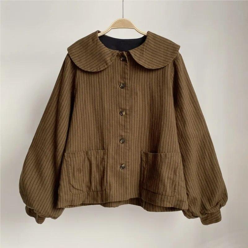 Johnature Jackets Spring Vintage Casual Turn-down Collar Striped All Match Pockets Loose Female Coats