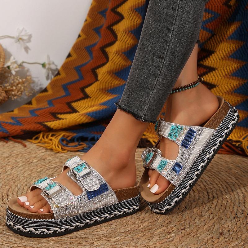 Neue grenzüberschreitende Außenhandel Hanfseil mit dicker Sohle Doppel-Schnalle Strass Kork Strand-Slipper Damenschuhe in großen Größen