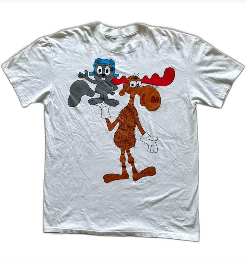 Vintage Rocky and Bullwinkle Cartoon White Cotton T-Shirt unisex 8D691 Unisex T-Shirt XXXXL