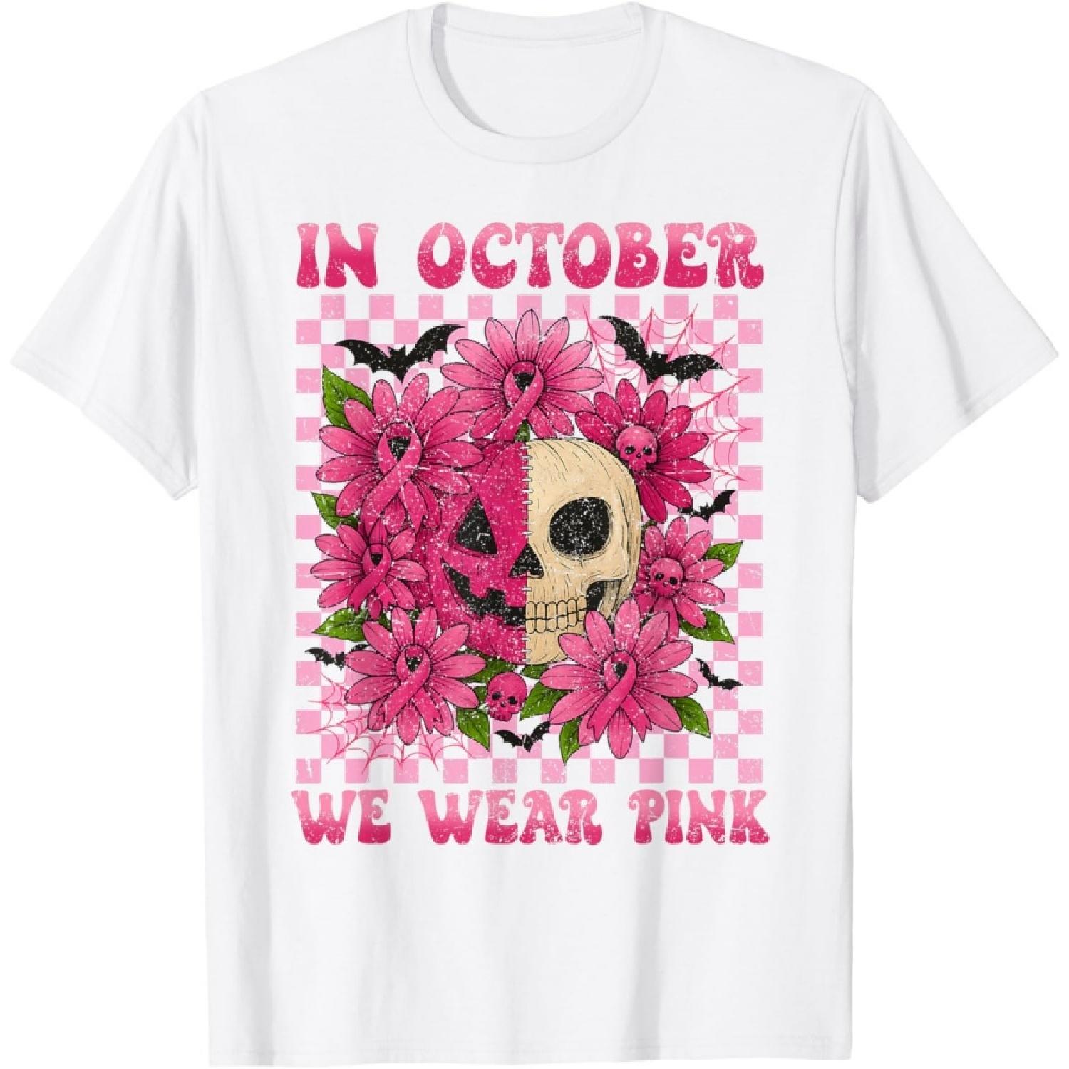 

October We Wear Pink Breast Cancer Skull Jack O Latern T-Shirt XXXXXL білий