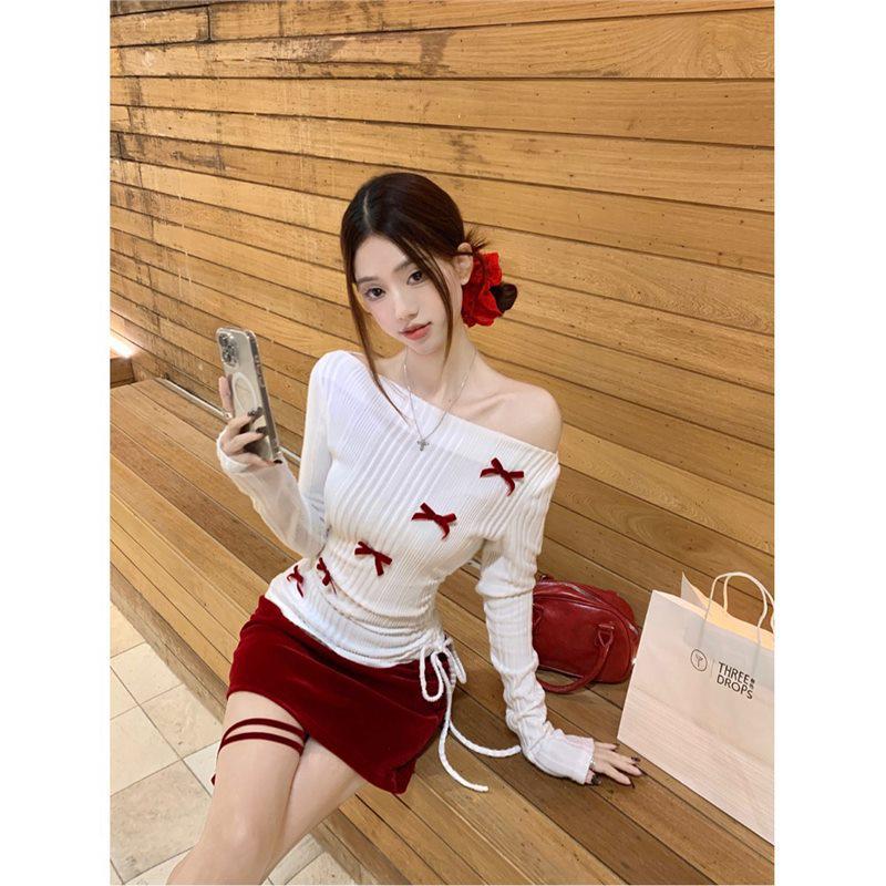 

White Water Women s Velvet One-Shoulder Off-Shoulder Bow Long Sleeve Slimming Top S