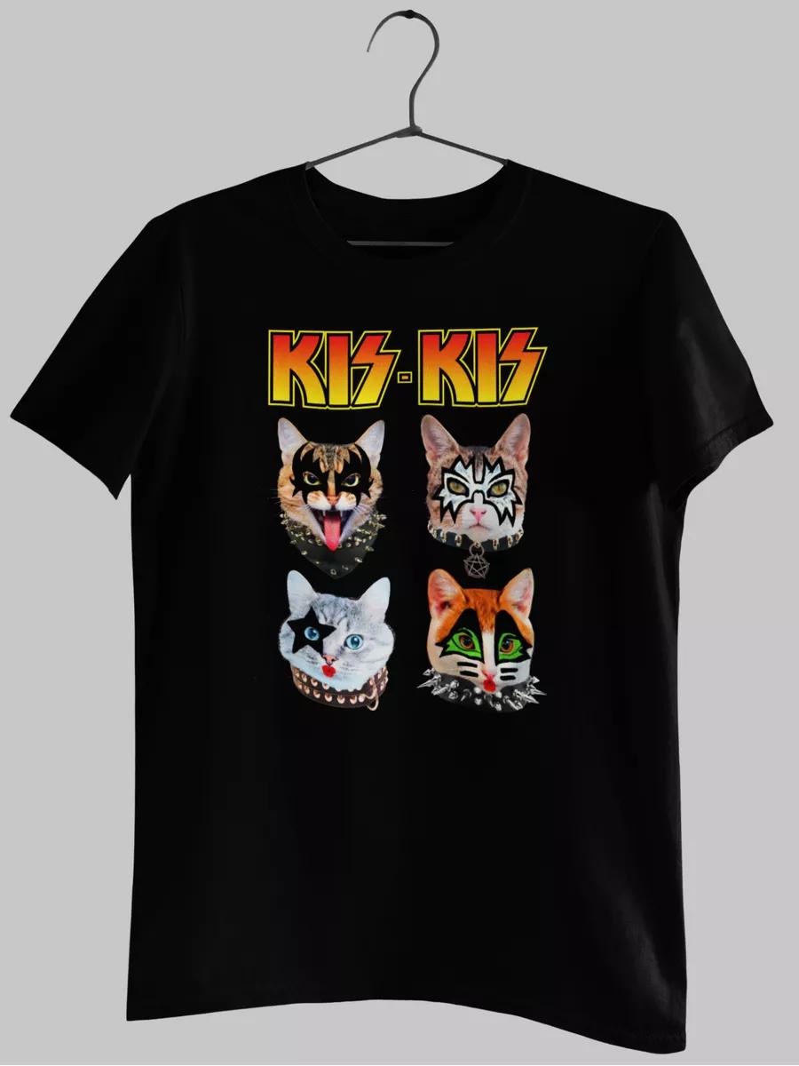 Funny T-shirt with cat print kiss rock S