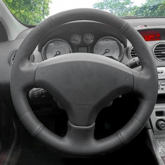 Black Leather Steering Wheel Cover Hand Sewing For Peugeot 308 Old Peugeot 408