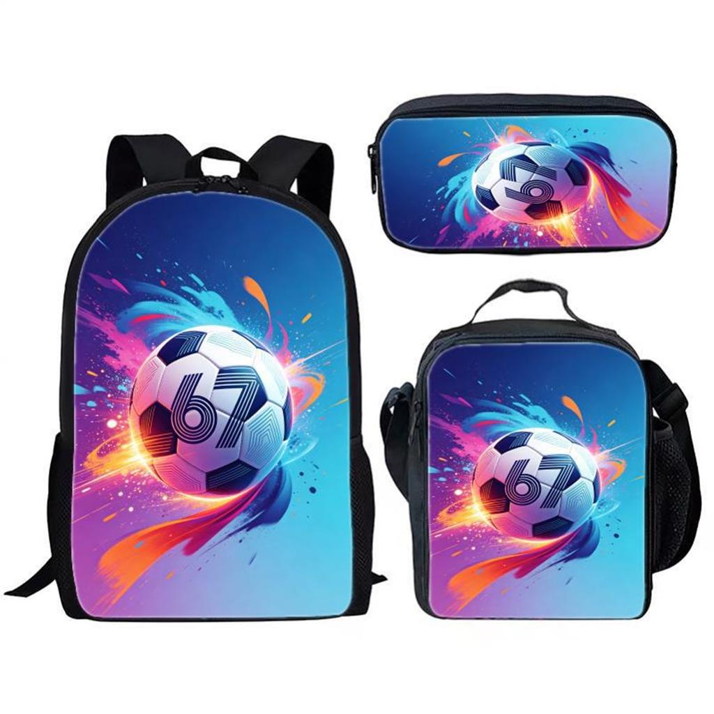 Three Piece Student Backpack Set Includes Backpack Lunch Bag Pencil Case Durable Material Suitable for School Use Sports Theme Design