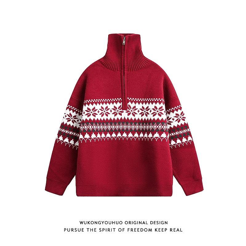 Pull Cardigan Homme Jacquard Fair Isle Fermeture Éclair Demi-Zip Col Montant Noël