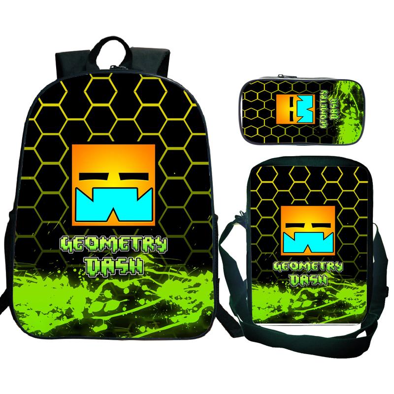 Angry Geometry Dash Backpack 3pcs School Bag Waterproof Student Girls Boys Children Mochila with Pen Bag