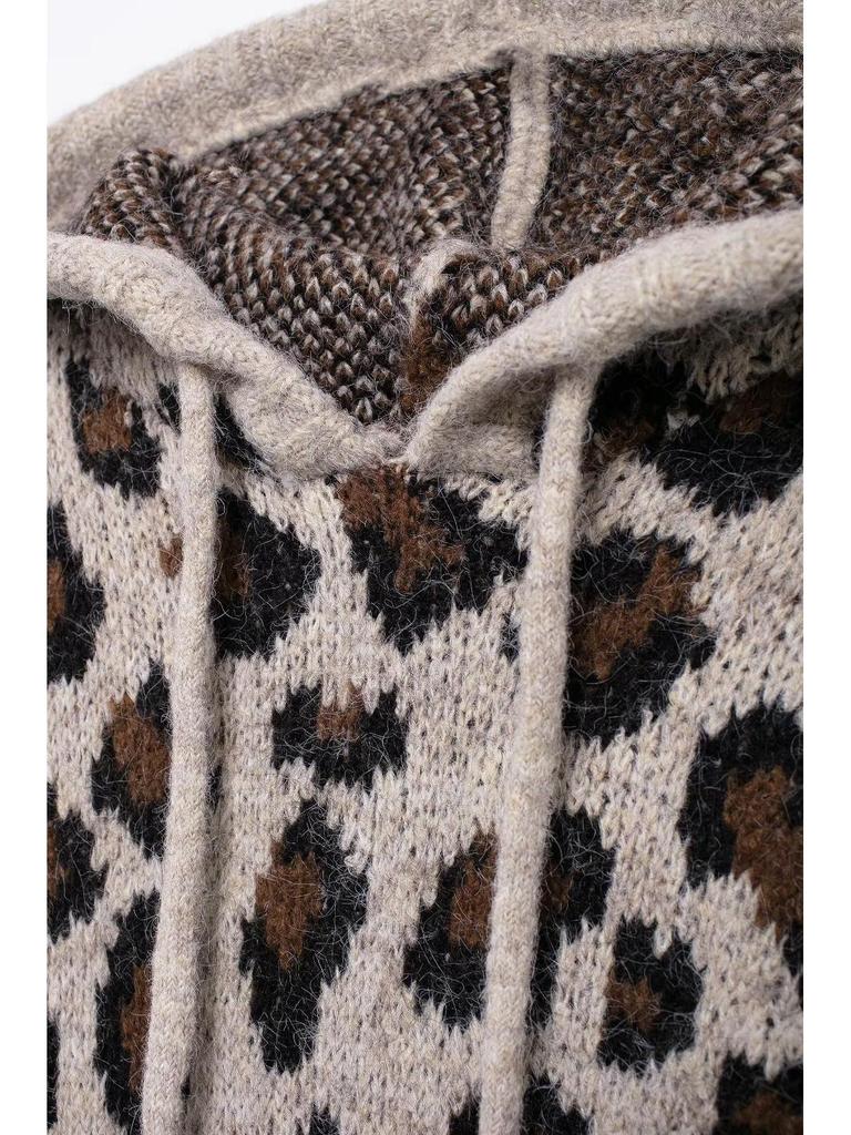 Women's Leopard Print Hooded Knit Sweater - Winter 2024 European and American Style