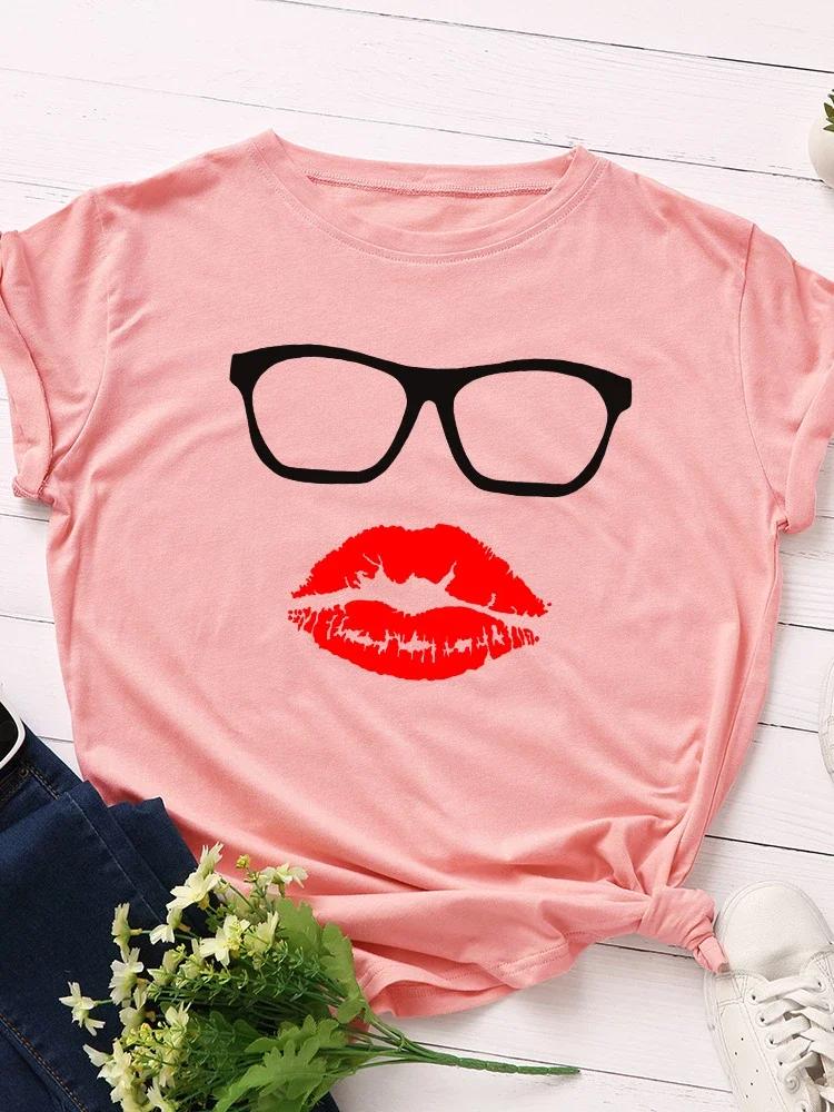Glasses Red Lip Print Women T Shirt Short Sleeve O Neck Loose Women Tshirt Ladies Tee Shirt Tops Clothes Camisetas Mujer
