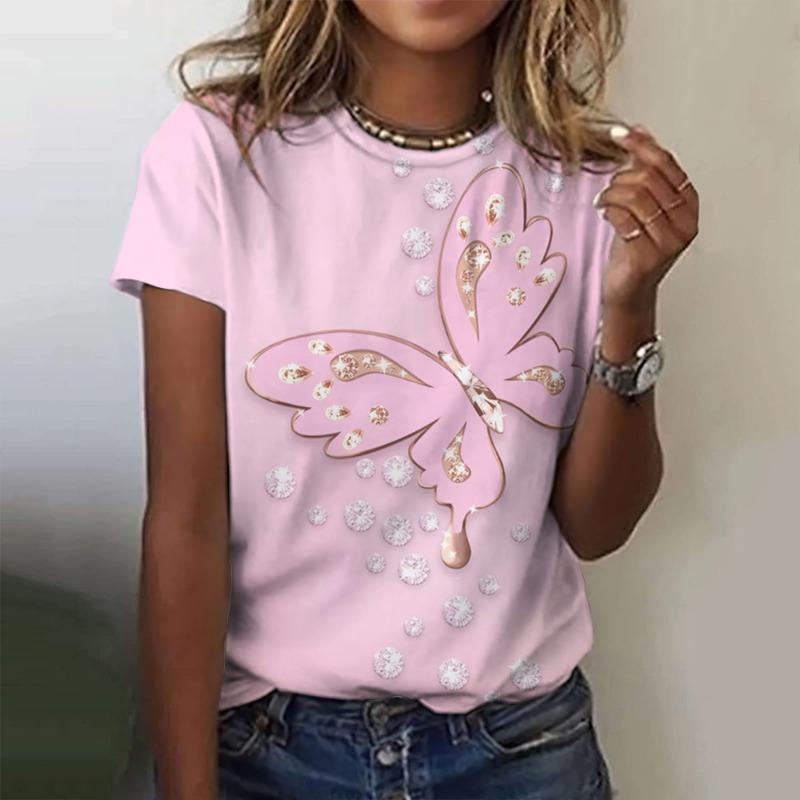 Women's T-Shirt Summer Butterfly Pattern Print Short Sleeve Fashion New Sexy Women's Clothes Print Tees Casual Women's Clothing