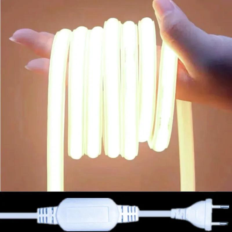 288LEDs/m COB LED Strip 220V Dimmable Power EU Plug 3000k 6000k RA90 Outdoor Garden FOB LED Tape Bedroom Kitchen Lighting