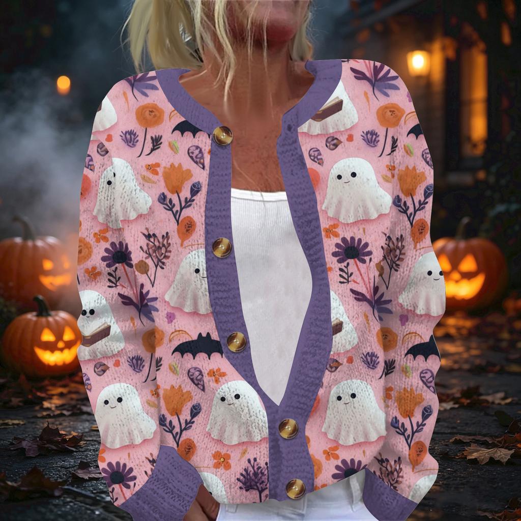 Damski kardigan z dzianiny z nadrukiem na Halloween, z długim rękawem, zapinany na guziki