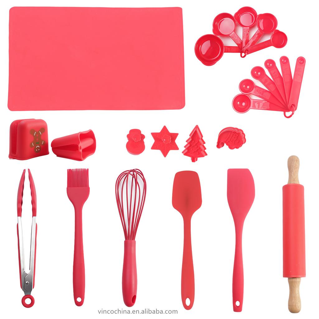 Christmas 24PCS Kitchen Bakeware Set Measuring Spatula Whisk Silicone Mat Tong Baking Cake Tools and Accessories Bake Set