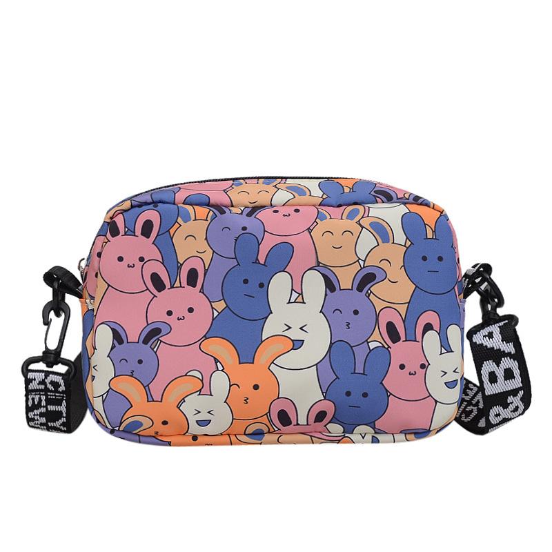 Fashion Cartoon Bunny Print Crossbody Bag with Wide Printed Strap, Casual Nylon Shoulder Purse for Daily Teens Use Wallets