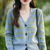 Women's V-Neck Color-Block Wool Cardigan: Autumn/Winter Fashion, Loose Short Cashmere Coat, Skin-Friendly, Warm.