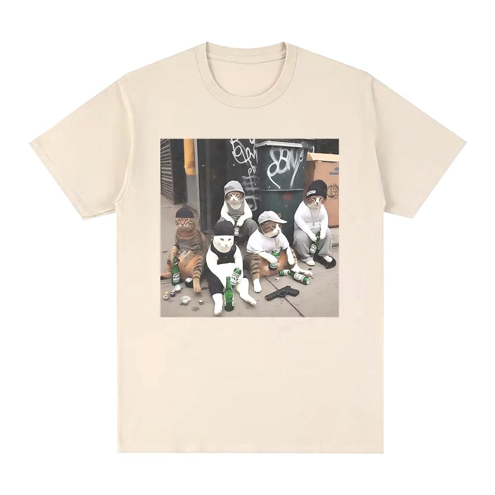 Podzimní a zimní pánské a dámské zábavné tričko s potiskem kočky, čistá bavlna, kulatý výstřih, pohodlné, vysoce kvalitní tričko s krátkým rukávem