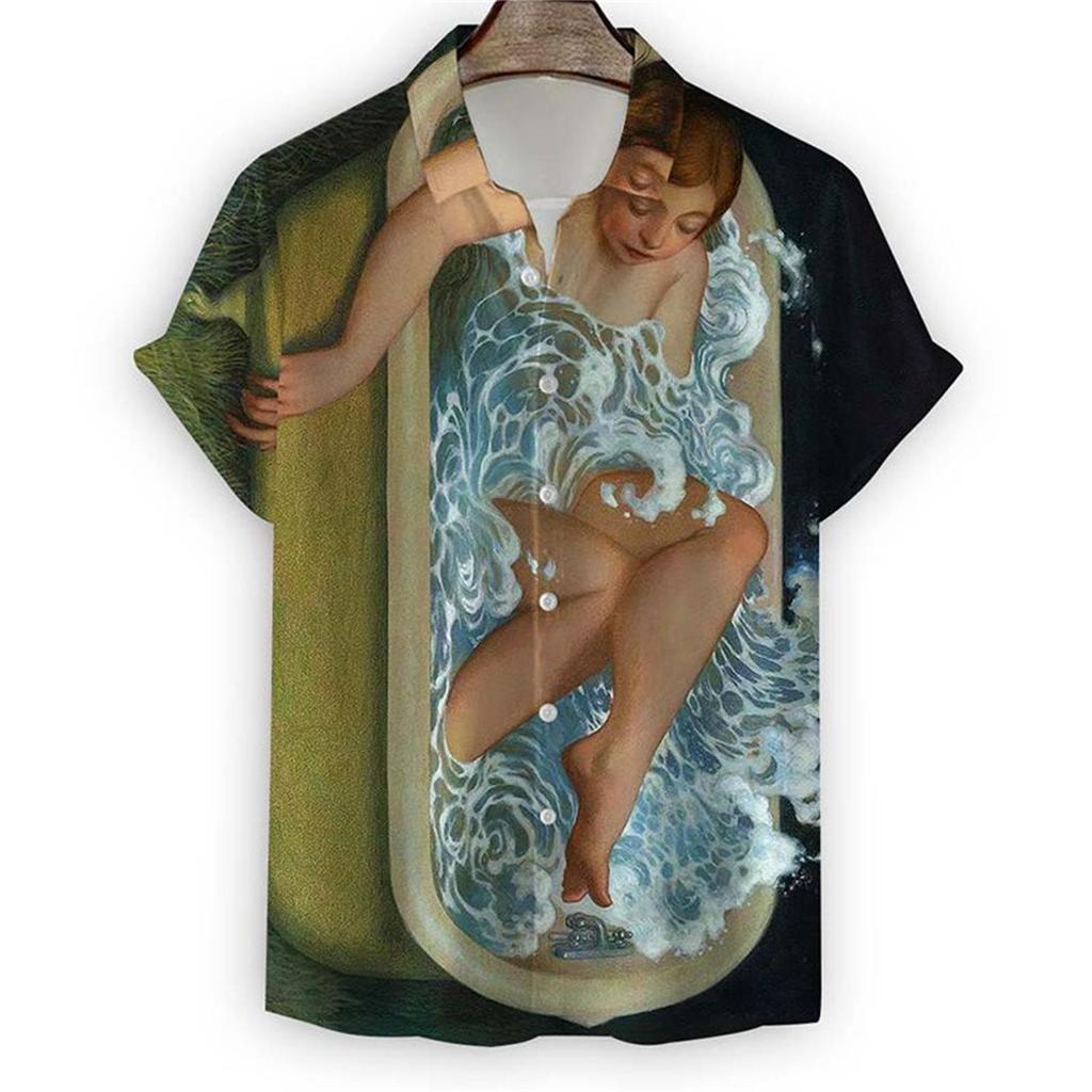 Men's Shirt Art Oil Painting Print Men's Lapel Top Hawaiian Casual Comfortable Large Size Loose Men's Short Sleeve Shirt