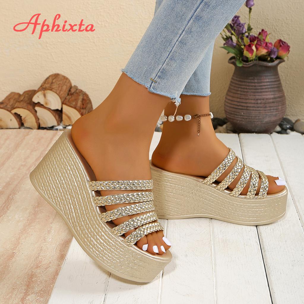 Fashion Aphixta Gold Sole Weave Design Women Wedge Slides 9cm High Heels Summer Beach Shoes for Woman Fashion Women's Sandals