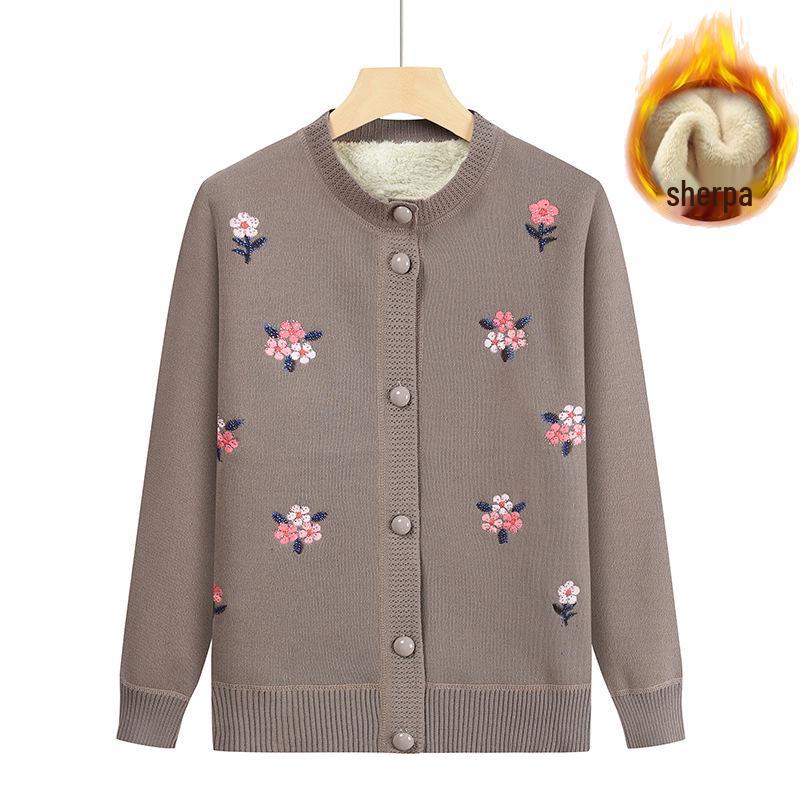 Middelaldrende og eldre kvinners strikkede cardigan med plussfløyel - Høst/vinter genser med rund hals