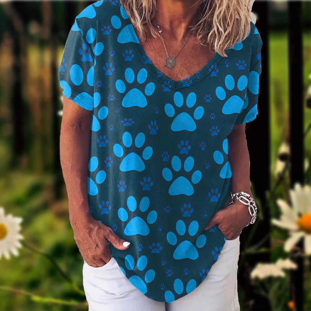 New Rainbow Watercolor Dog Paw 3D Printing T-shirt Women's V-neck Casual Short-sleeved Y2k Top Harajuku Tees Clothing