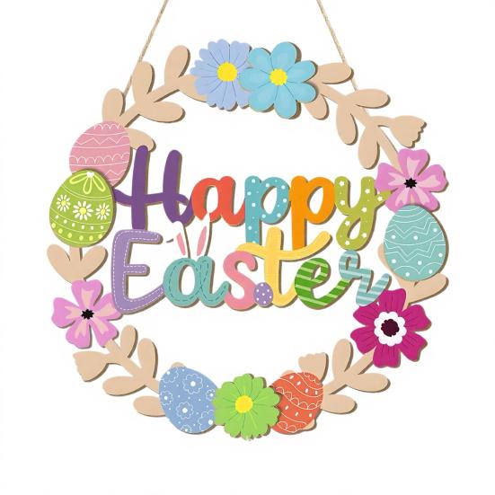 Wooden Easter Door Wreath for Bunny Eggs Porch Front Door Happy Easter Sign for Spring Window