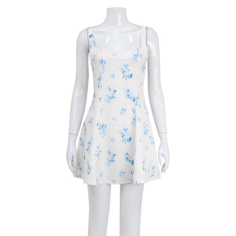 European and American Summer Women's Fashion Printed Suspender Dress Square Neck Halter Fresh and Sweet Floral A-word Short Skirt Women