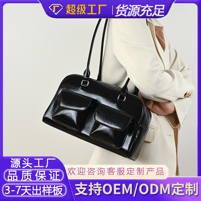 Customized Tote Bag Hot Sale Large Capacity Korean Version Women's Shoulder Underarm Oil Wax Leather Bag Double Bag Casual Portable