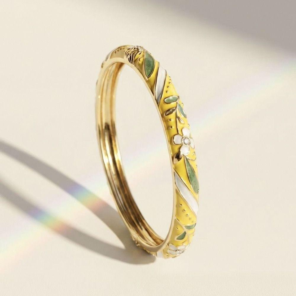 Colorful Gold Plated Floral Bangle Retro Rhinestone Inlay Oil Dipping Cuff Elegant